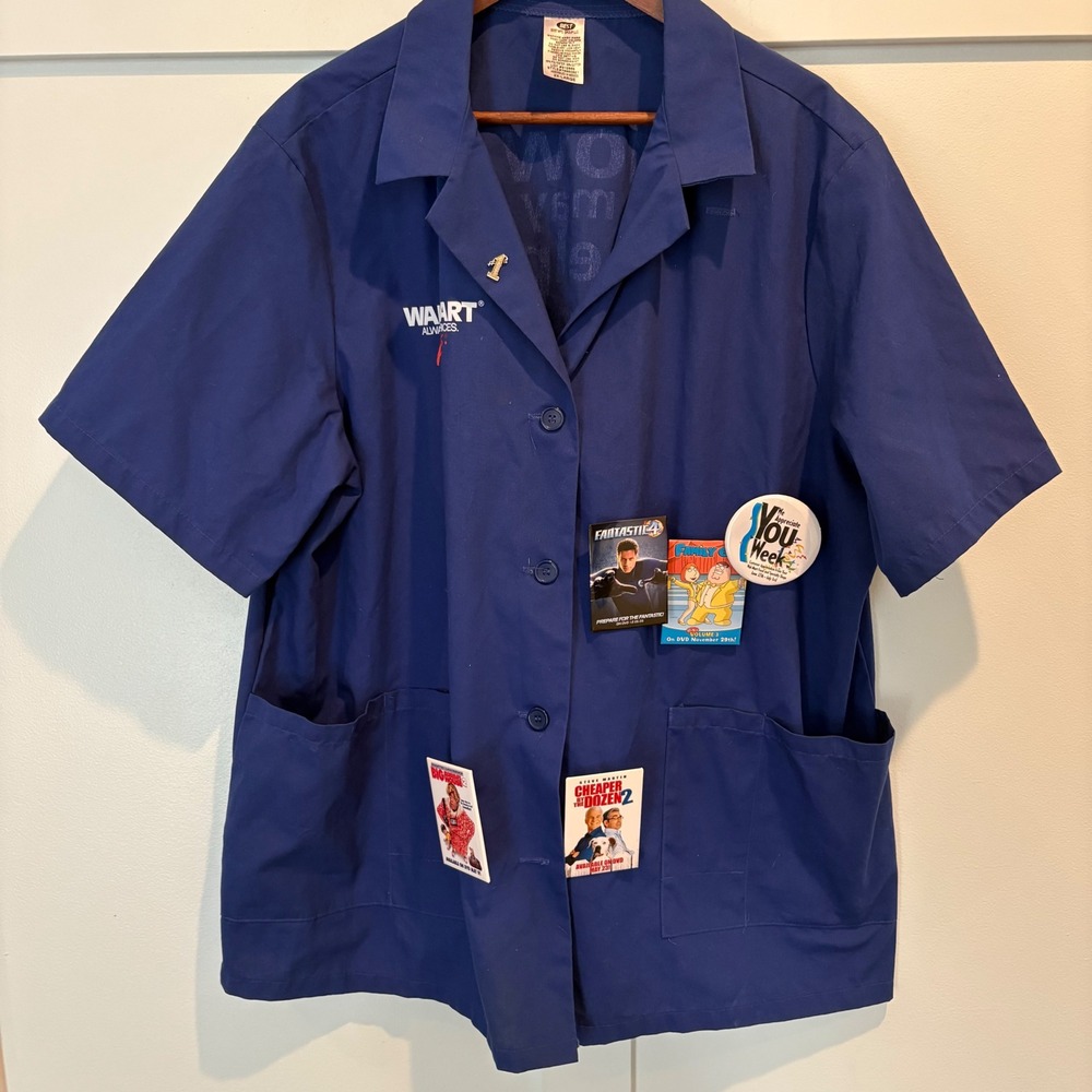 Vtg Walmart Employee Smock 2XL Blue "How May I Help You?" 2000s Movie Promo Pins